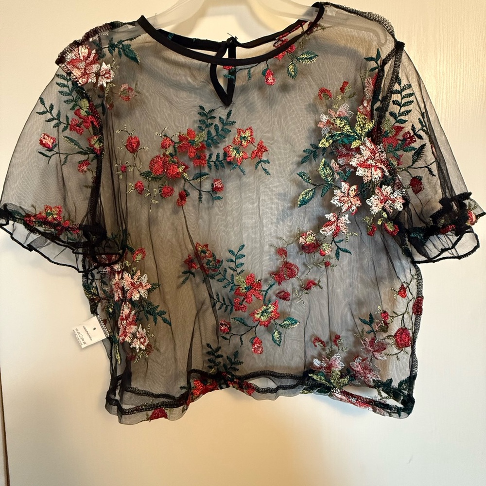Floral Embroidered Sheer Black Top